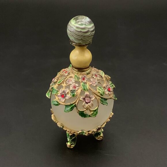 Vintage Jeweled Rhinestone Enamel Glass Perf,ume Empty Bottle Ornate Floral - Picture 5 of 12